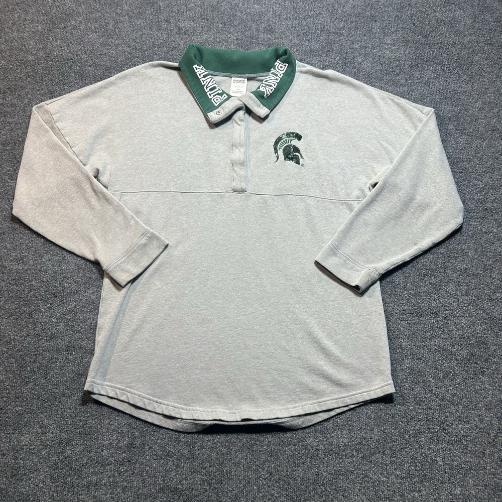 Victorias Secret Pink MSU Michigan State M Quarter Button Fleece Graphic Print